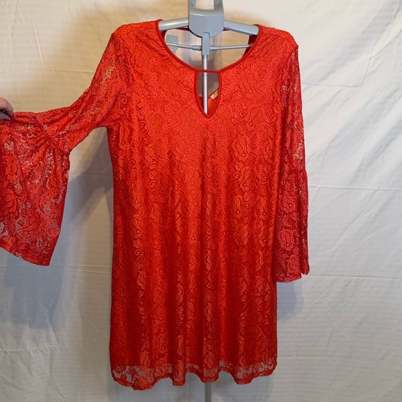 Haani Orange Lace Shift Dress with bell sleeves - Picture 2 of 7